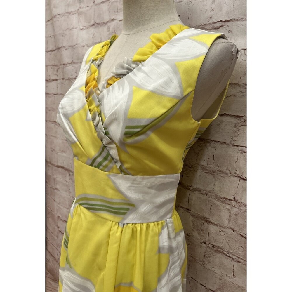 VINTAGE Malia McInerny Hawaiian Maxi Dress 10 Yellow Sleeveless Nylon - Picture 3 of 6